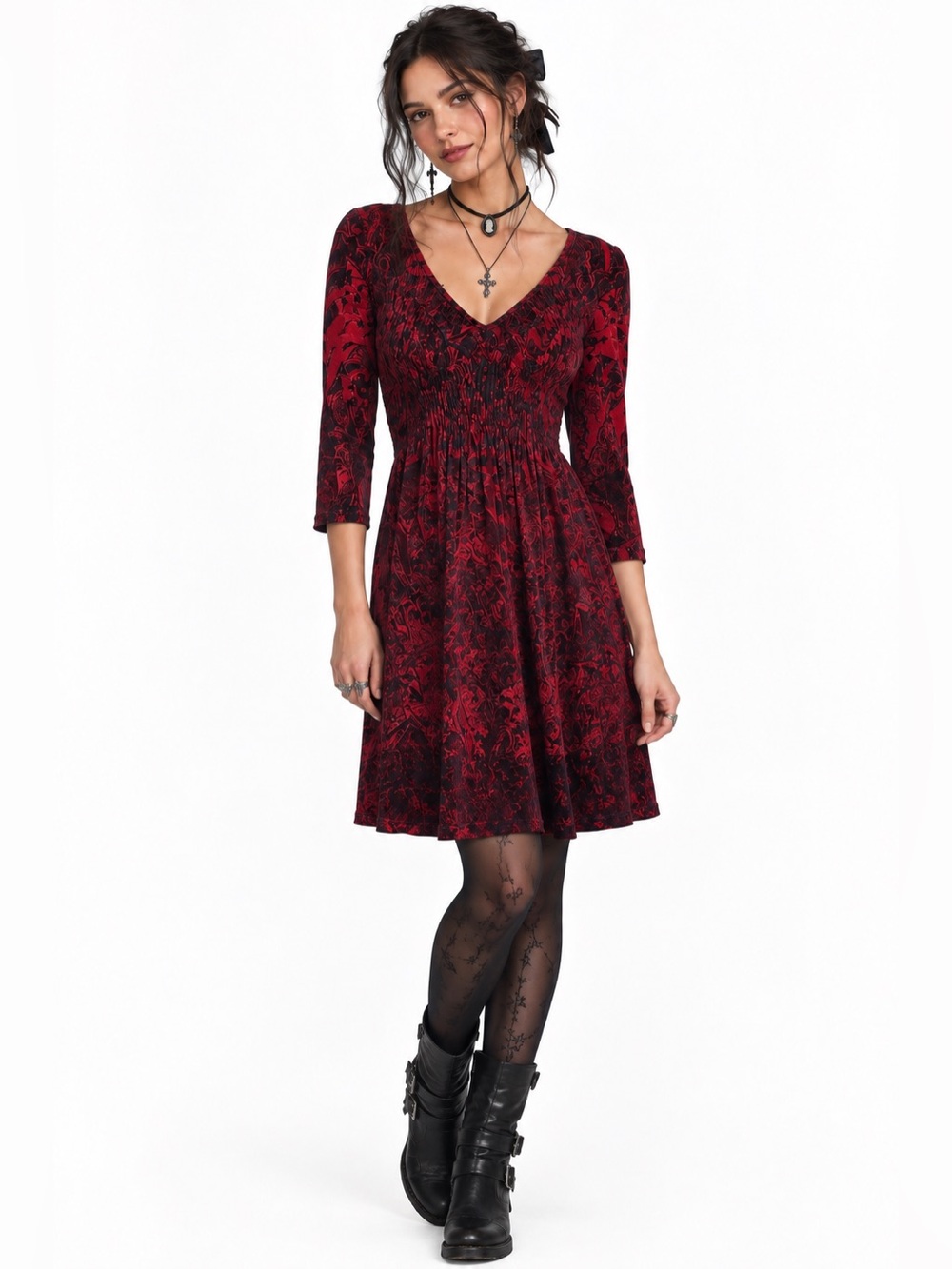 One World Red Black Whimsigoth Grunge V-Neck Velour Witchy Dress Large